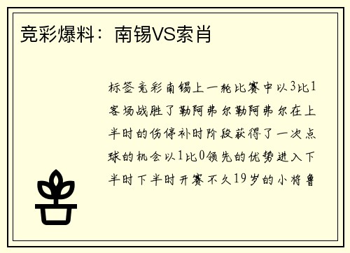 竞彩爆料：南锡VS索肖
